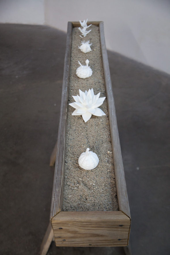 Exhibition view of “Leaving the Shade.” “Solstice” [sculptures in planter] (2012), mixed media/video installation/SculptCAD 3-D forms, 5 sculptures, 20 x 10cm ea.