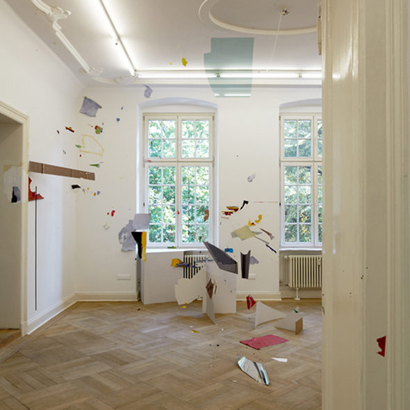 Diana Sirianni - "Wildwuchs" (2012), Acrylic paint, cardboard, foil, paper, plexiglass, silicone rubber, wood, nylon thread, Dimensions variable (Installation shot