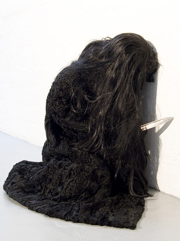 Jan Van Oost -"The Knife" (2004), furcoat, knife, hair, puppet, life size