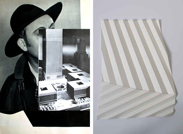 (left) Iris Touliatou - "00 (zero zero) MR.MR -chiaroscuro-" (2012), collage on paper (artist frame), 20 x 30 cm; (right) Sinta Werner - "Abschattungen VI", folded paper, 30x21cm