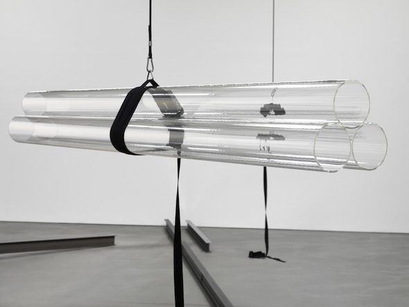 Natalia Stachon, Drift 03, 2012, 6 plexiglass tubes, 2 tension straps, 2 stainless steel straps tensioners, cord, stainless steel hooks, overall dimension variable, Ed.1/1