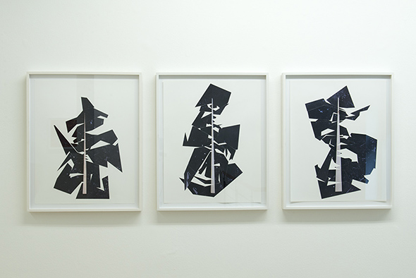Tobias Becker - "Maßnahme" (2013), from left to right; "Die Reester", "Die Belgau", Der Zweifel", framed collage, 40 x 30 cm; photo: Alex Marcus, courtesy of Galerie Hunchentoot