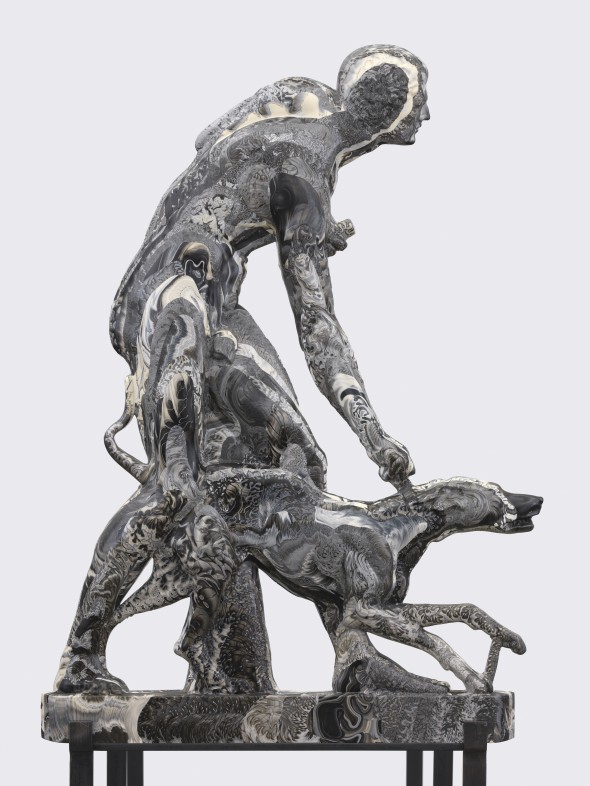 Oliver Laric "The Hunter and the Dog" (2014) unique cast with polyurethane, jade powder, bronze powder, aluminium powder, pigments, 90 x 66 x 6 cm, photo courtesy of the gallery