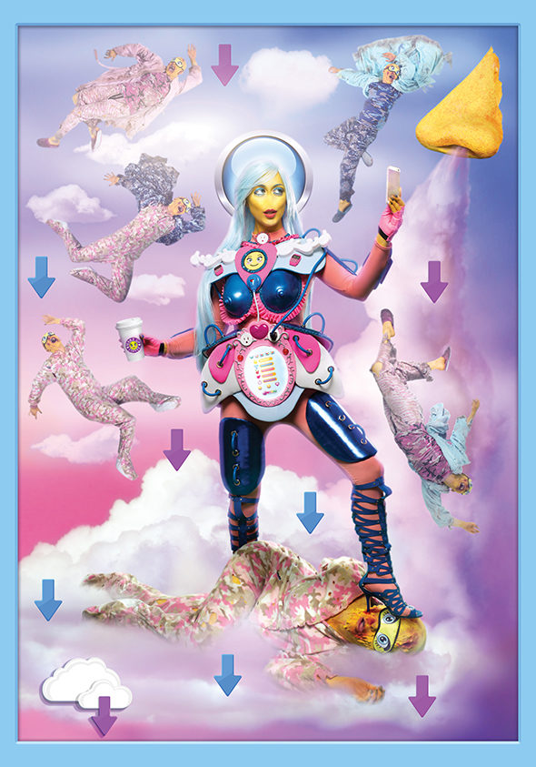 Rachel Maclean: ‘We Want Data’ , Dye sublimation fabric print series , 210×300 cm , 2016 // Commisioned by Artpace and HOME // Courtesy of the Artist and HOME  //  