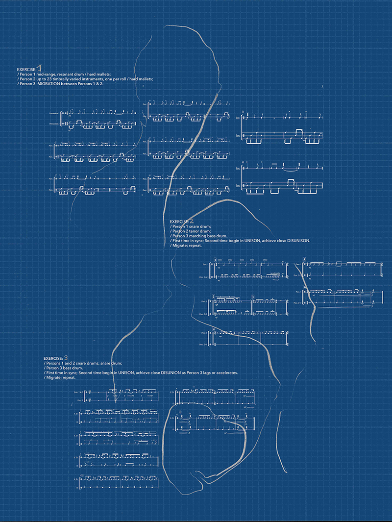 Music notations in blue takes on a gestural/graphic illustration of this musical composition and form 