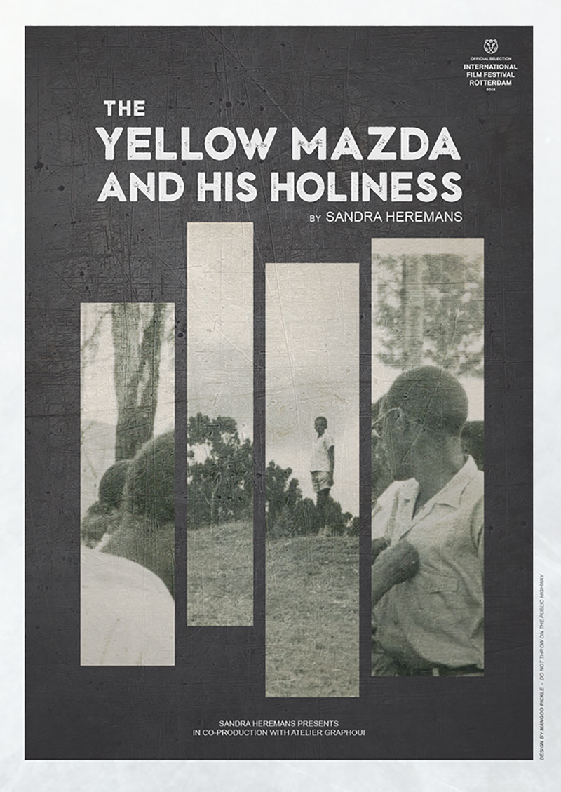 Berlin Art Link interview with Sandra Heremans. Film poster for the film 'The Yellow Mazda and His Holiness'. An archival image in black and white of people in Rwanda is broken up into separate rectangles, the gap between sections of the image creates a graphic separation between people.