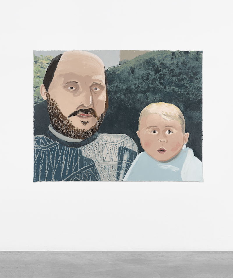 A painting of a person with a dark beard and dark balding hair, holding a bald baby on their lap, in front of a green bush