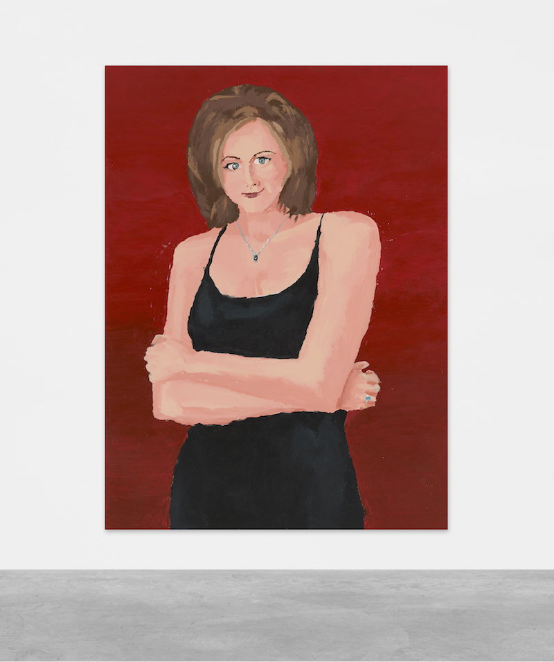 A mounted painting of Jennifer Aniston as Rachel from Friends, wearing a black slip dress and necklace, in front of a deep red background