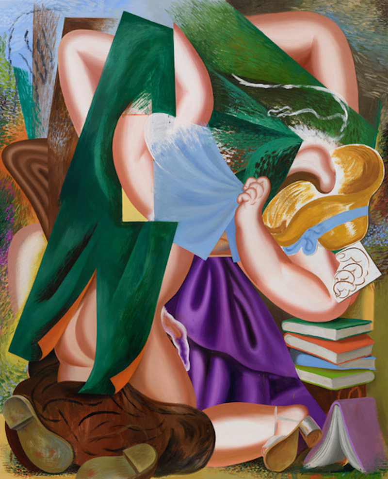 An oil painting, abstract and geometric figure of a women and men, books, the color purble and green are dominating the artwork