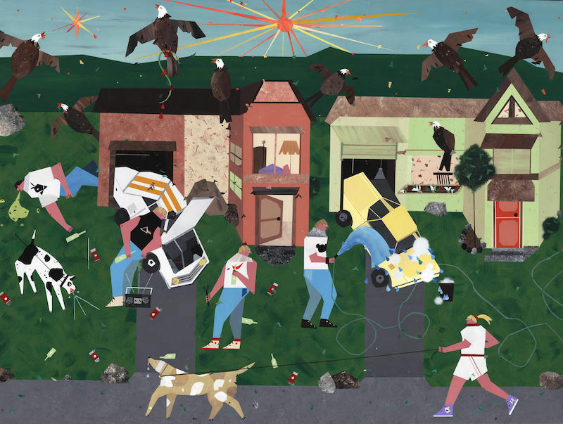 Painting by Andrea Joyce Heimer, flat perspective, eagles descending while chaos ensues, people vomiting, a car crash