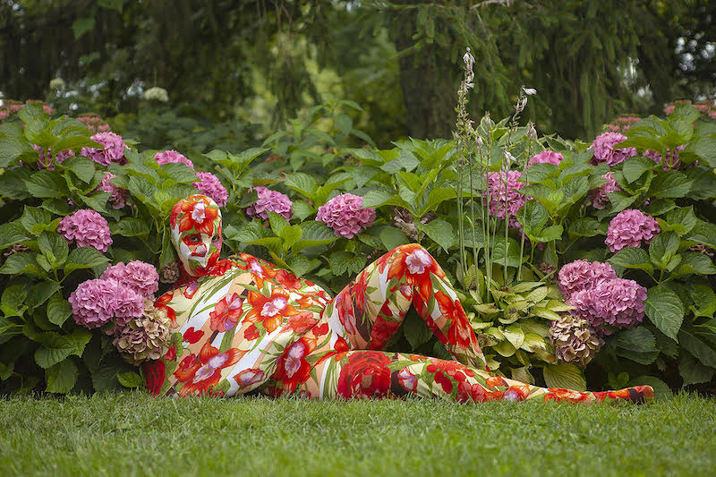 a human lays in a floral body suit contrasting with pink hydrangeas in the background