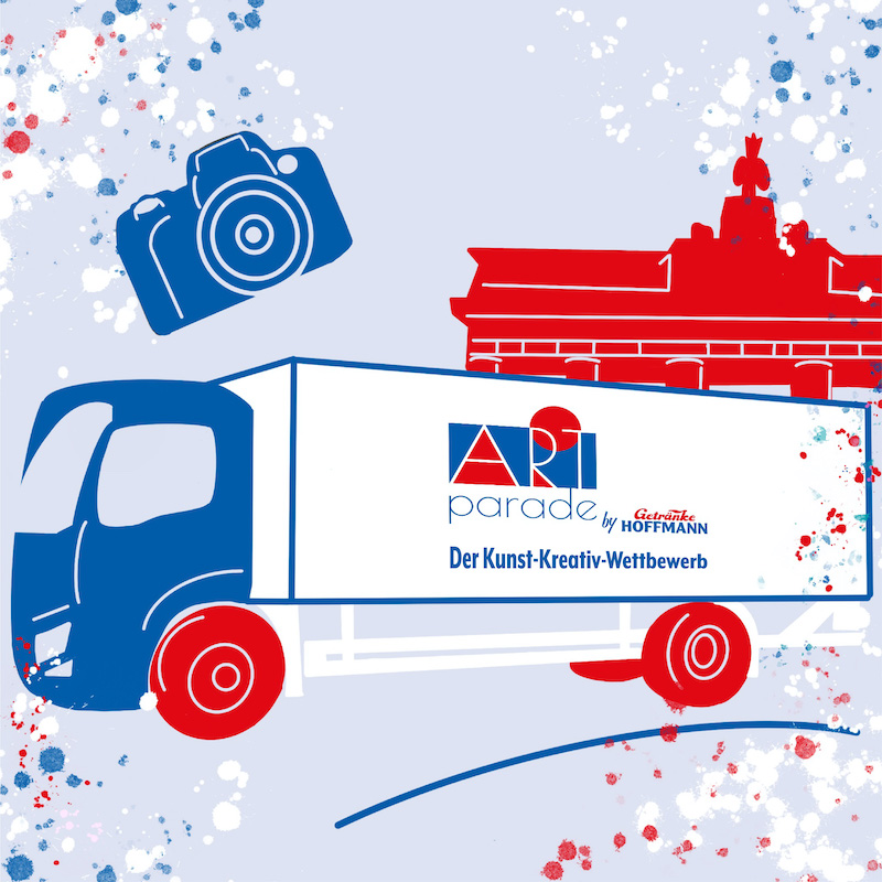 The blue outline of a truck appears on a grey background with the red outline of the Brandenburg Gate behind. The truck is surrounded by blue, white, and red paint splatters. 