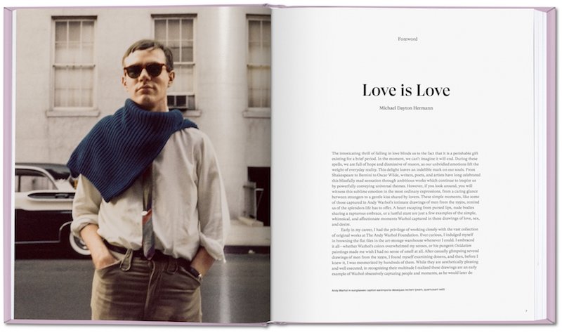 an inside spread of a book of Andy Warhol's drawings, on the left side is a photograph of a young Andy Warhol with a sweater draped on his shoulders and sunglasses on, on the left is an excerpt of the editor's introduction to the book