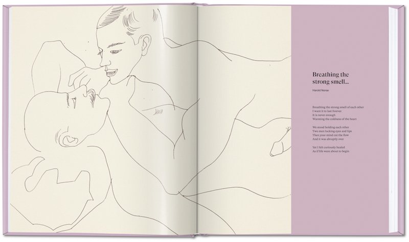 an inside spread of a book of Andy Warhol's drawings, this one showing a line drawing of two naked men one on top of the other, caressing each other and staring into each other's eyes, on the right page is a poem by Harold Norse