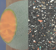 A cantaloupe with the top cut off revealing an animated interior is pictured alongside a thick, speckled black surface, a thinner wooden textured surface and a smaller blue surface.