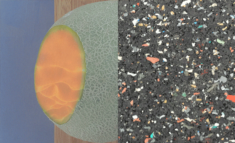 A cantaloupe with the top cut off revealing an animated interior is pictured alongside a thick, speckled black surface, a thinner wooden textured surface and a smaller blue surface.