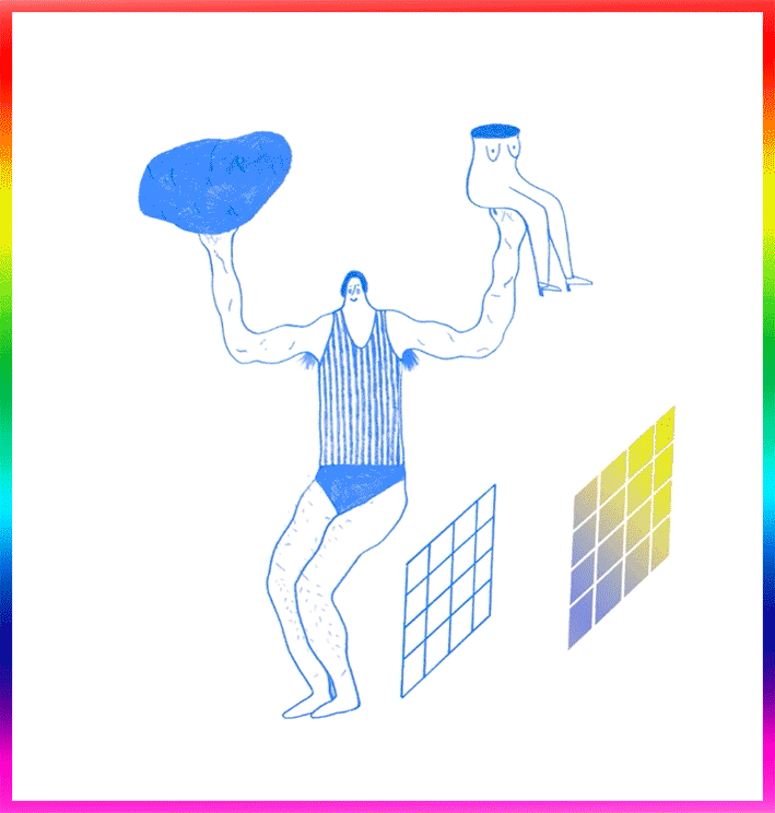 An animated figure dressed in a pinstriped swimming costume, lifting a decapitated body and a rock above their head on repeat. Framed by a neon rainbow square, the figure flashes from pink to blue with each lift of its arms.