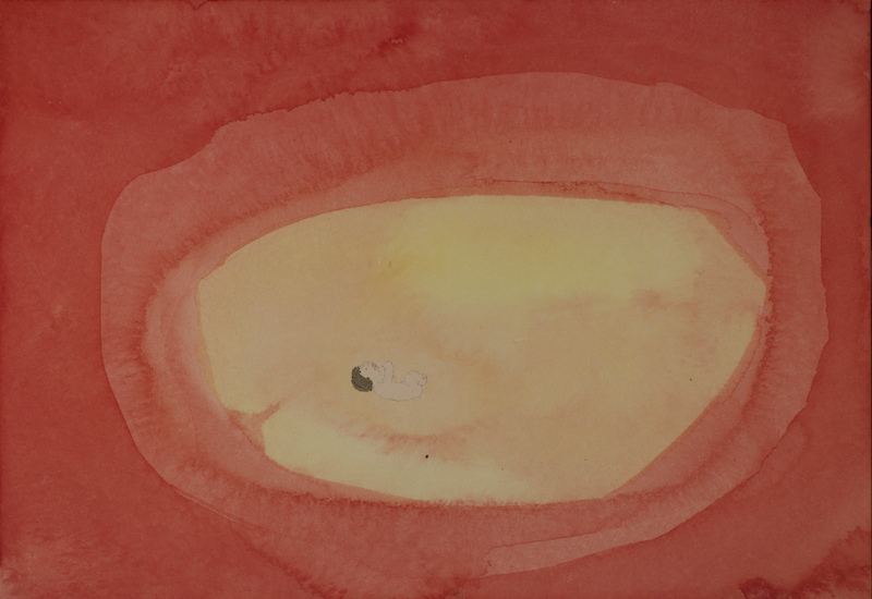 A large red watercolour oval appears resembling a womb with a small yellow baby figure inside.