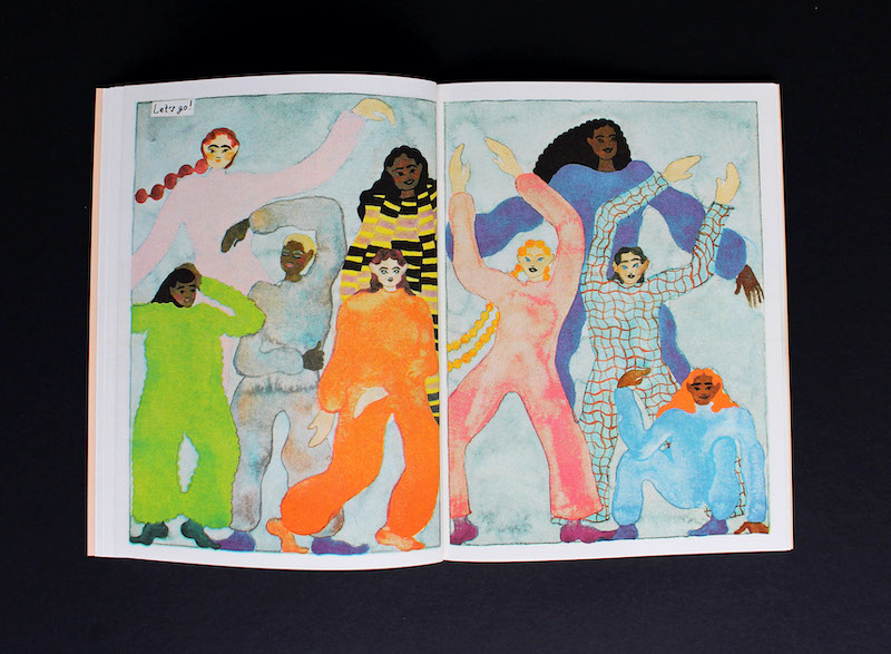 9 watercolour figures are pictured dancing in vibrant clothes.