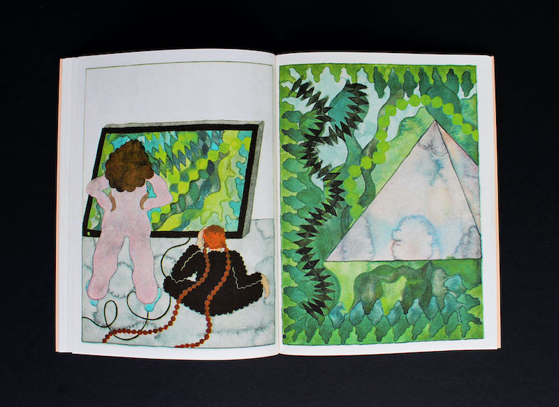 Two watercolour figures with their backs to the reader are viewing a painting of a jungle. On the page overleaf we see into the jungle world of the painting in more detail.