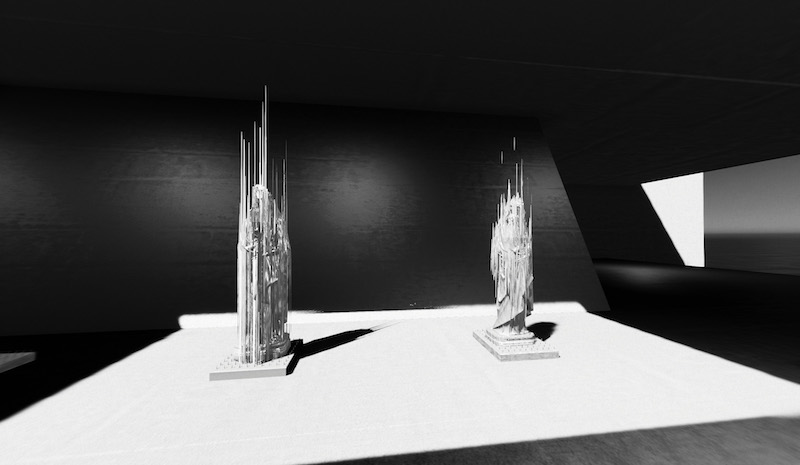 two tower-like sculptures in a black and white digital rendering