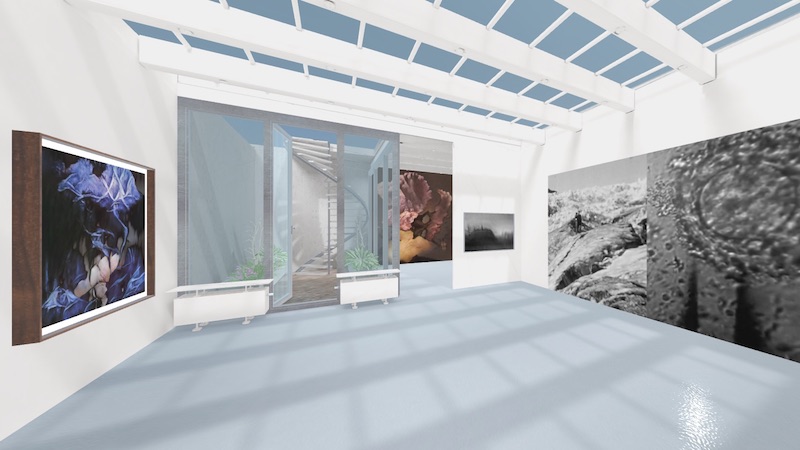 a virtual rendering of a brightly-lit gallery space with works hung on the wall