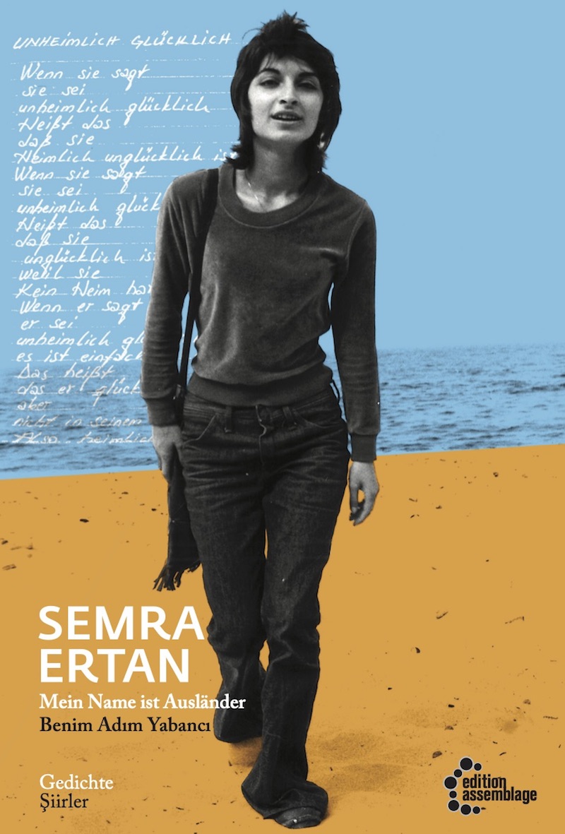 the cover of a book of poetry by Semra Ertan, which shows the author walking on a beach in Kiel, as if toward the reader