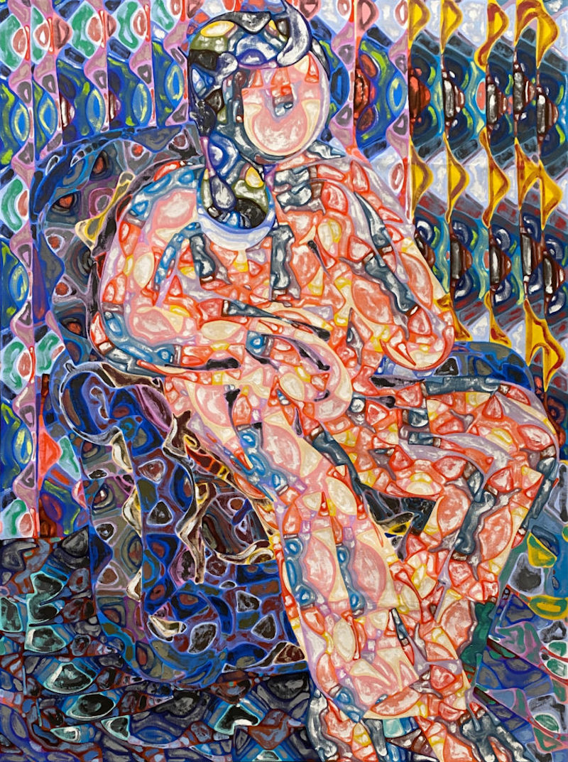 a painting of a  seated figure made up of abstract colorful doodles