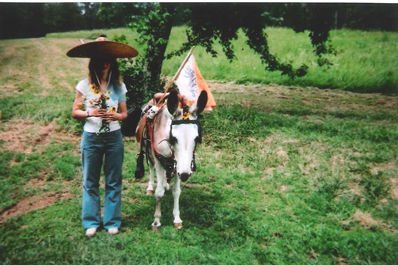 a person in a large sombrero stands next to a white donkey in a green field, as the two are about to get married in a wedding ceremony