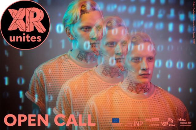 three superimposed images of a blond person with numbers projected over their face and the words Open Call XR Unites 