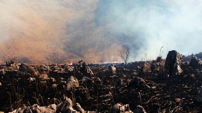 a field of burnt ground with a dark smoke cloud in the background