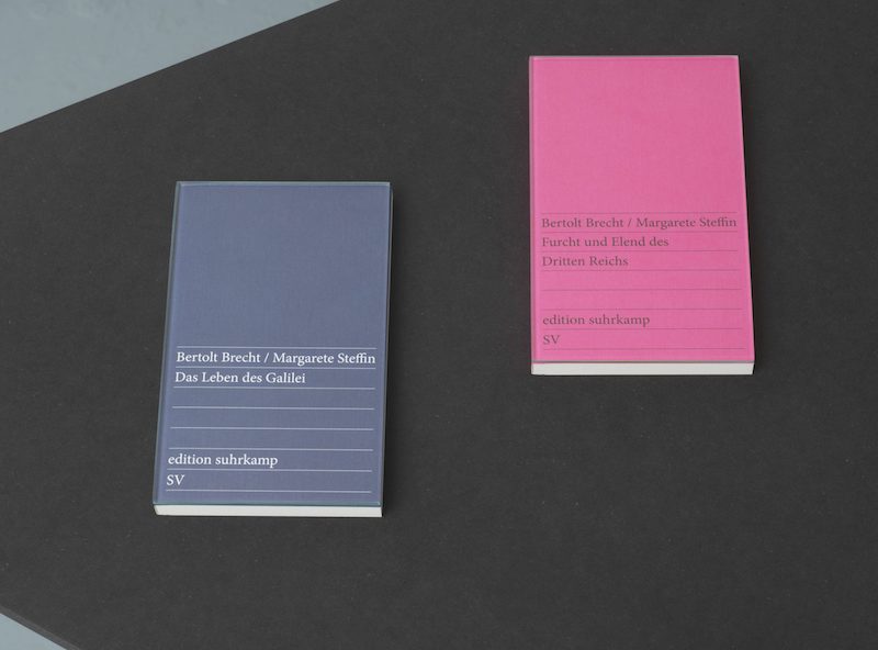 a close up of two Surhkamp books on a black table, with the name Margarete Steffin added after Bertolt Brecht's