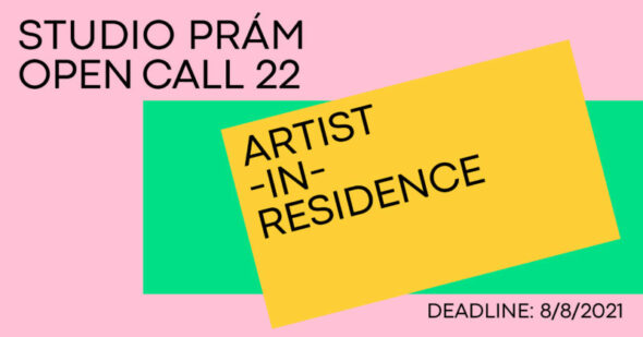 A poster with geometric background in pink, yellow, and green and with text on the open call in black font.