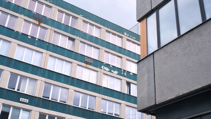 Close-up photo of two block buildings