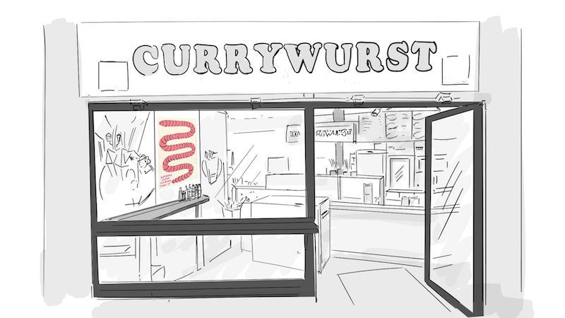 a black and white line drawing of a currywurst shop, with only a red sausage like shape in color