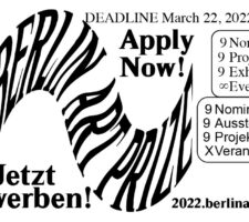 Flyer with white background and text in black with the application details for Berlin Art Prize 2022