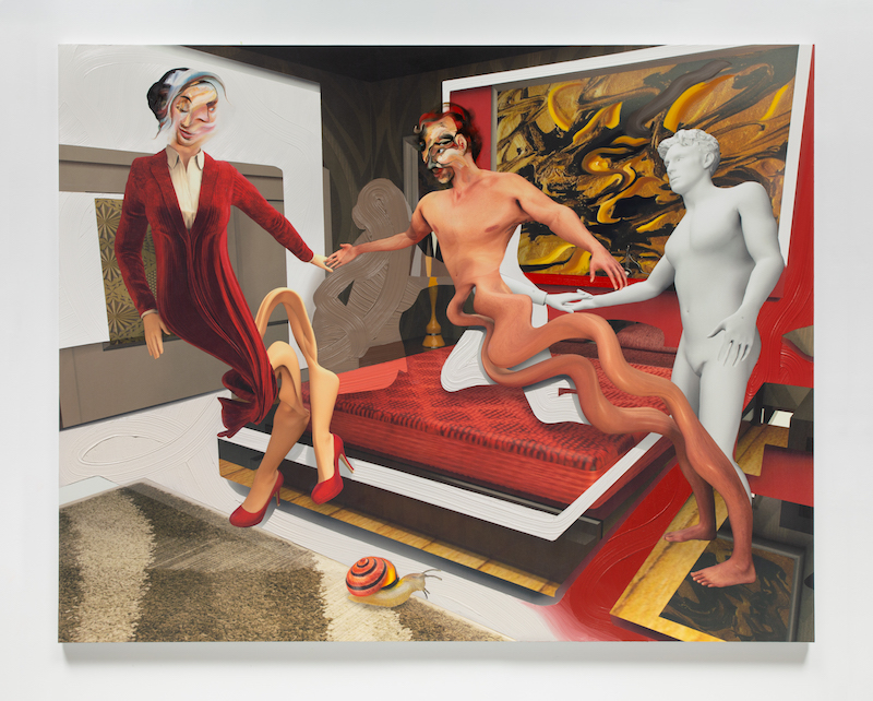 ghostly painted figures in red shades perched abstractly across a red bed with a large painting on the wall behind them