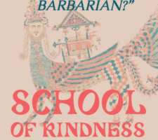 a poster that reads "Mom, am I barbarian?' school of kindness open call with a hybrid human animal figure in the background