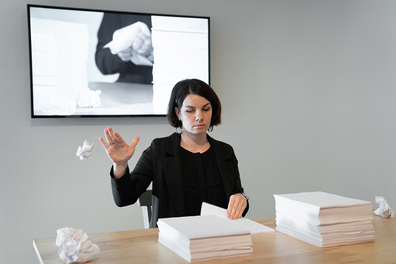 A women sitting at a table with a stack of paper and throwing balls of paper on the ground.