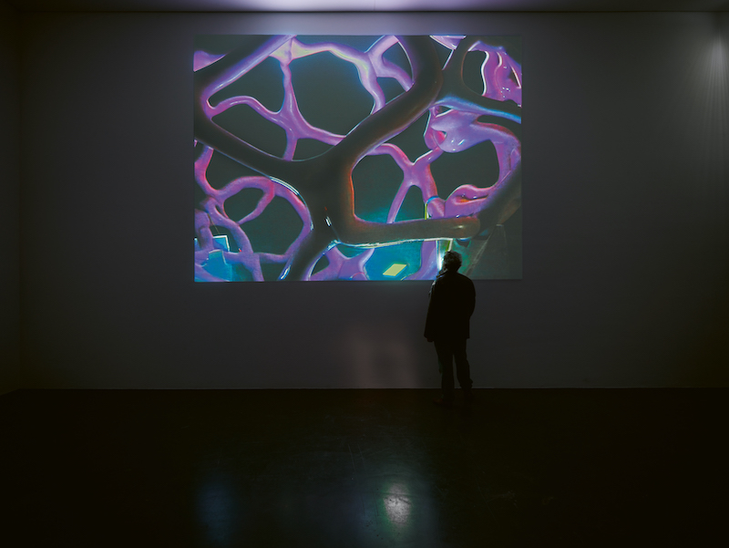 Photo of a film projected against a large plain wall. The room is dark. Someone stands below the film and looks upwards.
