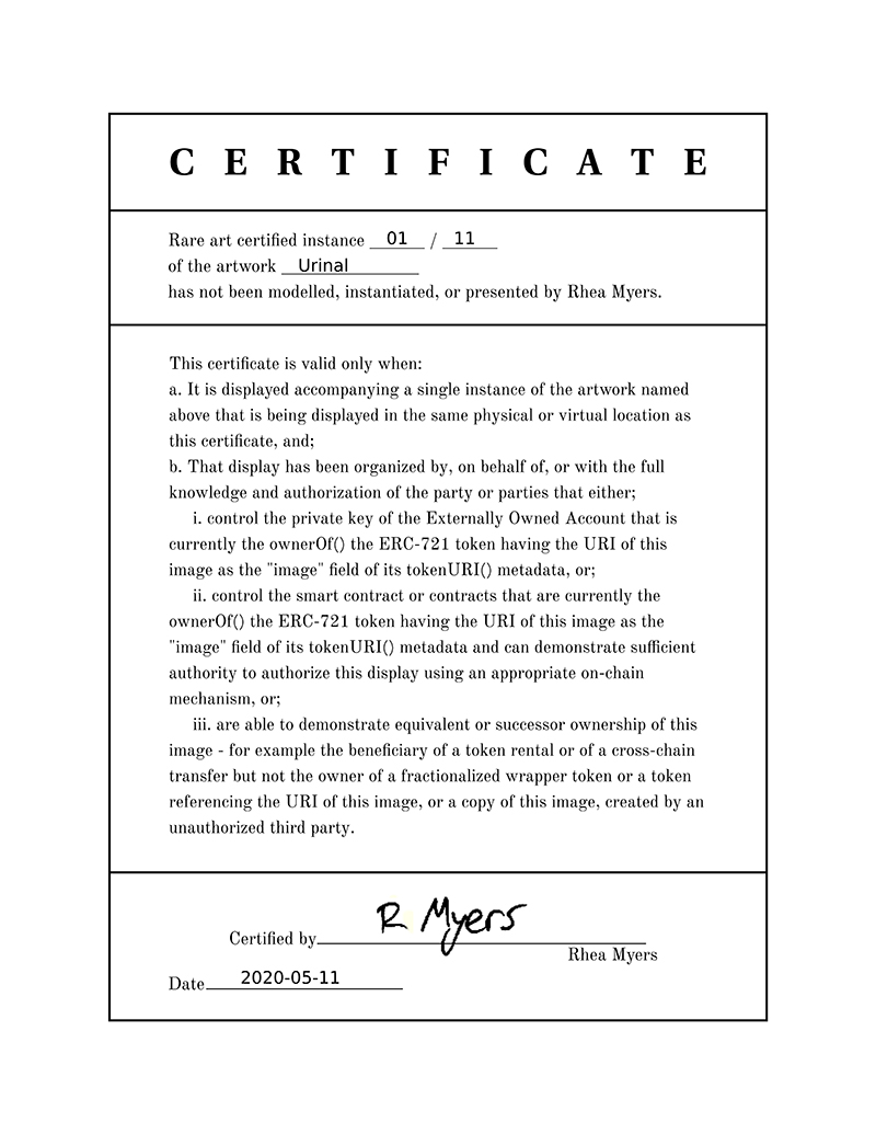 a text file of a certificate of inauthenticity by Rhea Myers