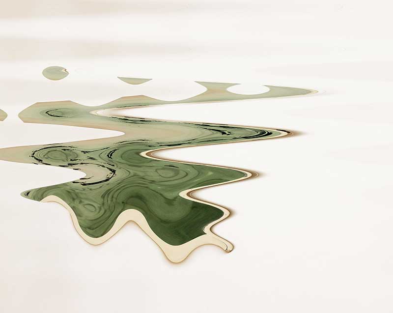 an image of an artwork by Louise Lawler. It is a print on vinyl that looks like a distorted green landscape against a background of white