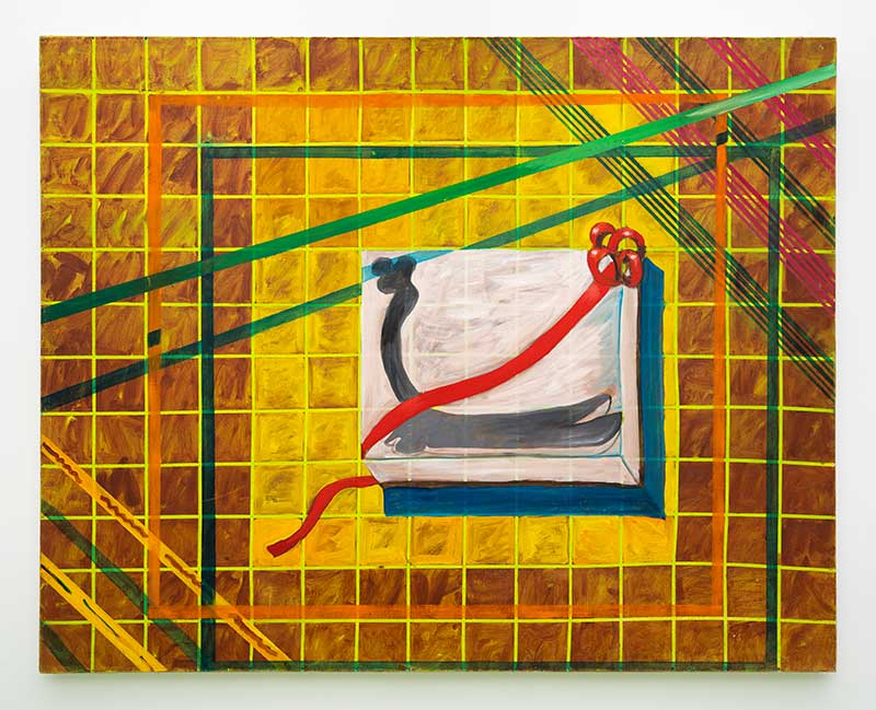 A close up of a painting by Malcolm Mooney in which a grid is seen with green, red and yellow lines cutting over it