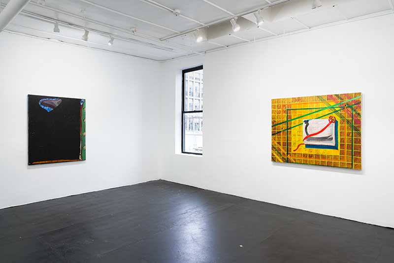 An installation view of a white gallery space with two paintings from Malcolm Mooney hanging on the walls