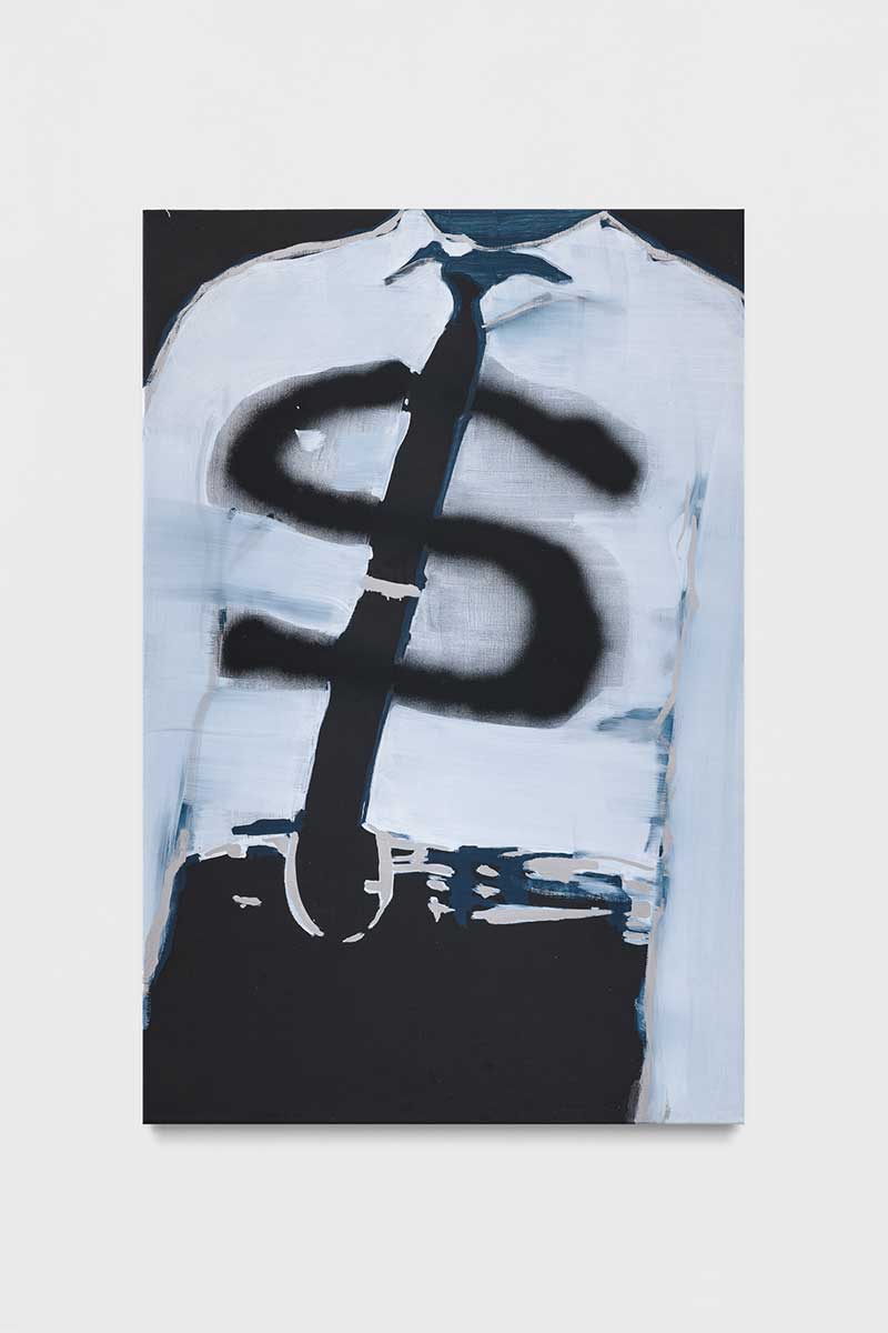 painting of a mans torso in a white shirt and tie with an s painted over the tie to make it look like a dollar sign