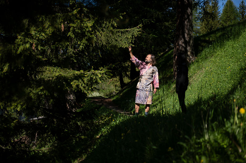 A man stands with a woman in nature and reachs up to touch the branch of a pine tree