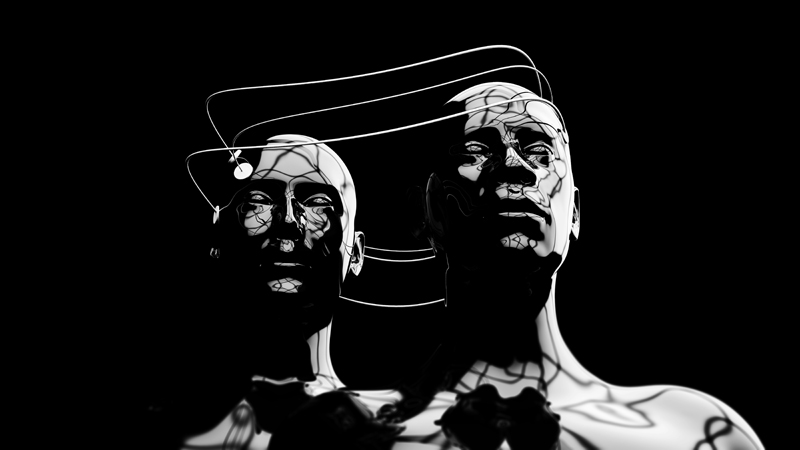 A graphic for the electronic music duo dopplereffekt in which two shiny computer generated humanoids can be seen