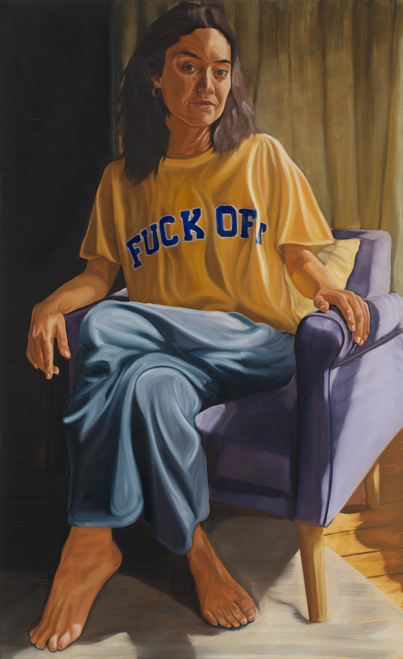 painting of a young woman sat on a chair wearing a yellow top that says fuck off