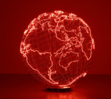 a sculpture in which the globe is represented using steel and neon light