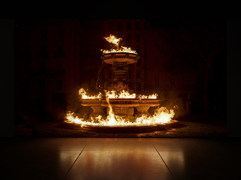 a fountain in flames